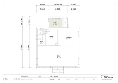 Etasjeplan som viser romfordeling, arealer og dimensjoner for en bolig.