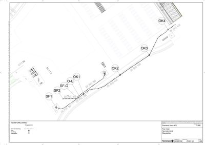 Situasjonsplan som viser rørføringer (DN 400) og punkter (OK1-4, SF1-2) i forhold til eksisterende infrastruktur og bygninger.