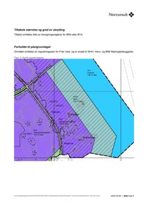 Et utsnitt fra en reguleringsplan som viser arealbruk, vegnett og grunneiergrenser.