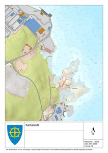 Kartutsnitt som viser et område med terrengform, vann, eksisterende bygninger og infrastruktur.