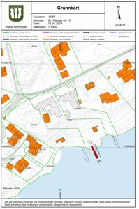 Grunnkart som viser eiendomsgrenser, naboeiendommer og topografi for Dr. Natvigs vei 10.