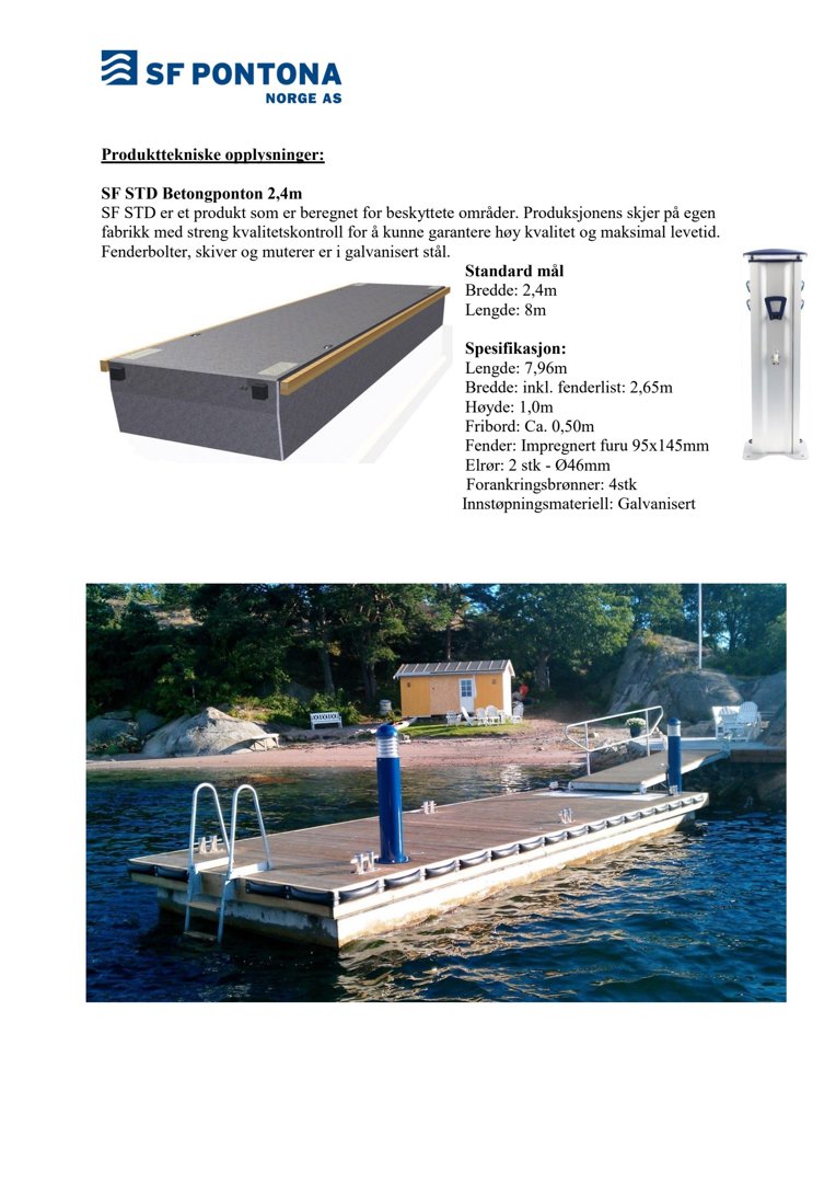 Fotografi av en betongponton (SF STD Betongponton 2,4m) i en naturlig omgivelse, sammen med en teknisk illustrasjon av produktet.