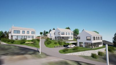 3D-visualisering av et boligfelt med flere hus, veier og landskap.
