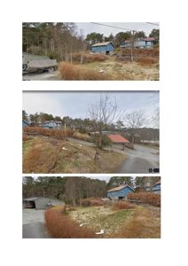 Tre fotografier som viser en tomt med tilhørende hus og garasjeanlegg sett fra ulike vinkler.