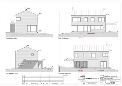 Fasadetegning som viser bygningens utseende fra fire ulike vinkler (Sør, Øst, Nord og Vest) med høydemål og terrengforhold.