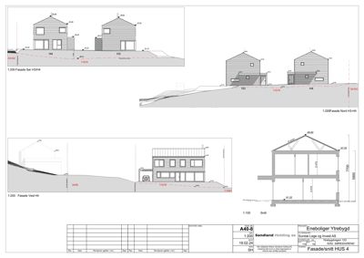 Fasade- og snittegninger som viser bygningens utseende fra ulike sider (Nord, Sør, Vest) samt et tverrsnitt (Snitt) med høydemål og konstruksjonsdetaljer.