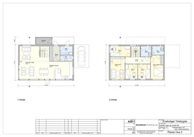 Plantegning som viser romfordeling og dimensjoner for 1. og 2. etasje av en bolig.