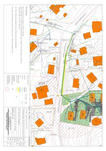 Situasjonsplan som viser tomtens beliggenhet i forhold til nabolaget, høydemålerlinjer, eksisterende og planlagt bebyggelse, samt vegnett.