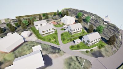 3D-visualisering av et boligfelt med flere hus, veier og vegetasjon på et skrått terreng.