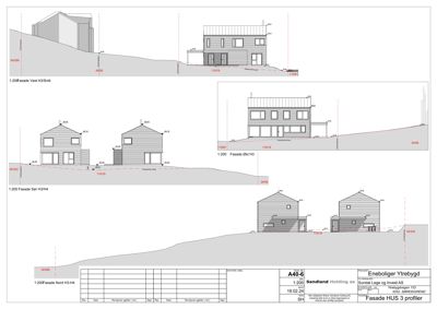 Fasadetegning som viser bygningens utseende fra ulike vinkler (vest, øst, sør, nord) med snittlinjer og høydemål.