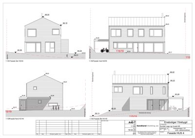 Fasadetegning som viser bygningens utseende fra fire ulike vinkler (Sør, Vest, Nord, Øst) med høydemål og eksisterende terreng.