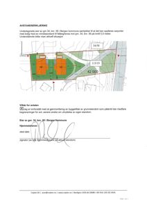 Situasjonsplan som viser tomtens grenser, naboeiendommer, veier og plassering av bygninger.