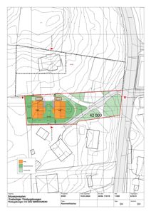 Situasjonsplan som viser tomtens beliggenhet, omgivelser, topografi (konturlinjer) og plassering av bygninger.
