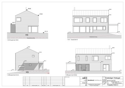 Fasadetegning som viser bygningens utseende fra fire ulike vinkler (Sør, Øst, Nord og Vest) med høydemål og detaljer.