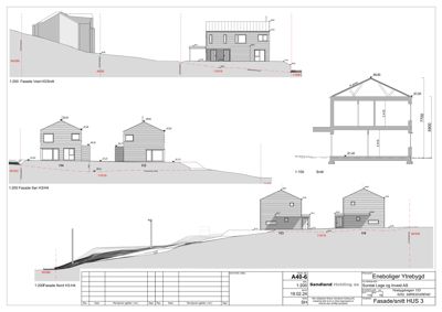 En tegning som viser fasader og snitt for en bygning (HUS 3).