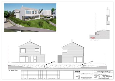 Fasadetegning (opprikk) av en bolig med tilhørende 3D-rendering og snitt.