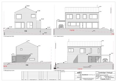 Fasadetegning som viser bygningens utseende fra fire ulike vinkler (Sør, Vest, Nord og Øst) med høydemål og detaljer.