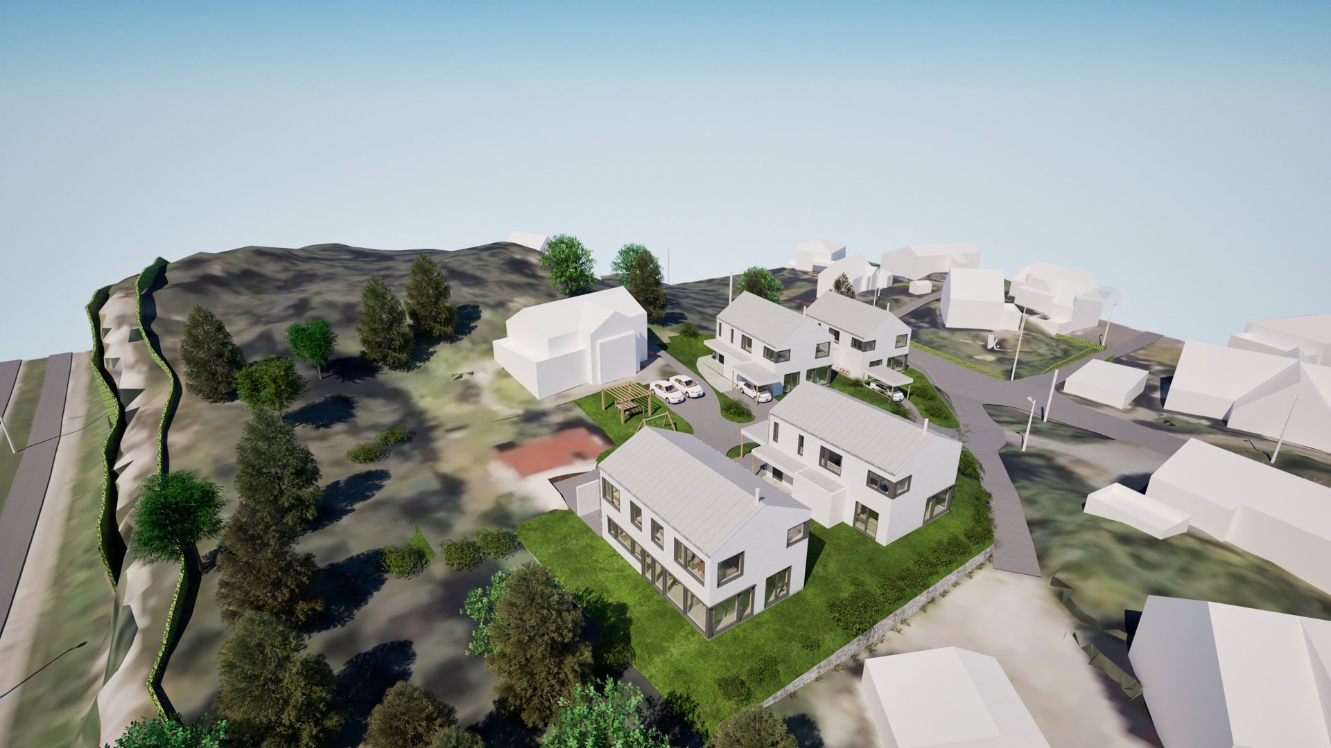 3D-visualisering av et boligfelt med flere hus, veier og natur på en skråning.