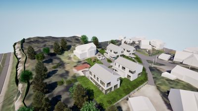 3D-visualisering av et boligfelt med flere hus, veier og natur på en skråning.