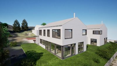3D-visualisering av et moderne hus sett fra en vinkel som viser fasade og deler av tomten.
