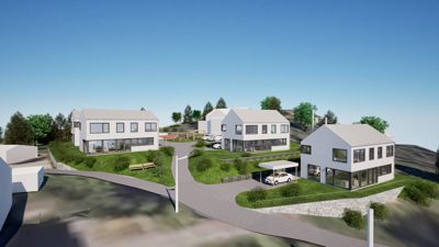 3D-visualisering av et boligfelt med flere hus, veier og landskap.