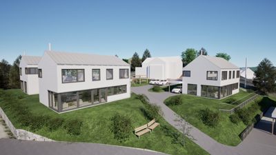 3D-visualisering av et boligfelt med flere hus, vei og grøntområder.