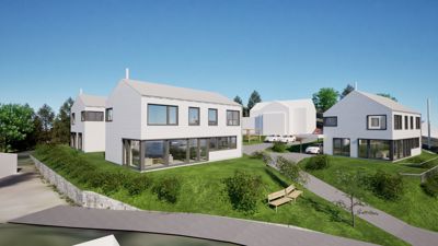 3D-visualisering av et boligfelt med moderne hus, grønt terreng og veier.