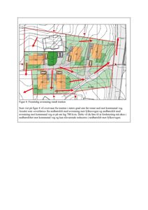 Situasjonsplan som viser fremtidig avrenning rundt tomten, inkludert konturlinjer, vegsystem og vannrenner.