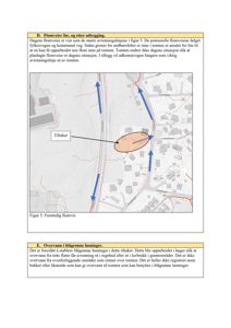 Kart som viser en tomte med omgivende infrastruktur, avrenningslinjer og et planlagt tiltak for flomveier.