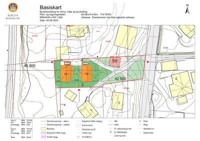 Situasjonsplan (Basiskart) som viser eiendomsgranser, eksisterende og planlagt bebyggelse, høydekurver og infrastruktur.