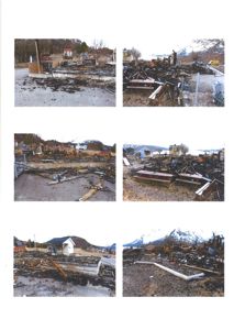 En samling av seks fotografier som viser et sted etter en brann, med brent rester av bygninger og utstyr.