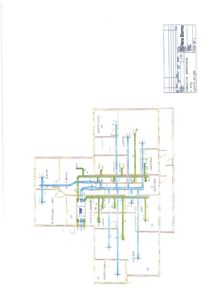 Teknisk detaljtegning som viser ventilasjonsanlegget (rør, utstyr og dimensjoner) for et bygg.