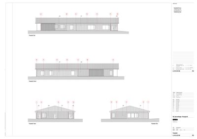 Fasadetegning som viser bygningens utseende fra fire ulike sider (Sør, Nord, Vest og Øst).