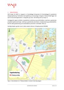 Oversiktskart (Oversiktskort) som viser topografi, veinett og en markert tiltaksområde (rød polygon) for en byggesak.