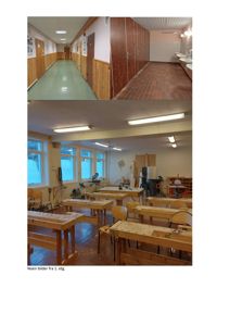 Fotografier av eksisterende innvendige rom i en bygning (gang, bad og verksted).