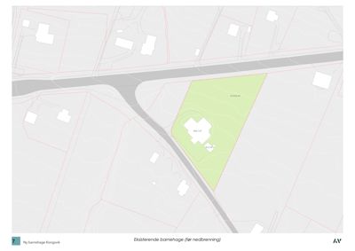 Situasjonsplan som viser eksisterende barnehage på grøntfeltet, med angitte arealer og omgivende tomter/veger.