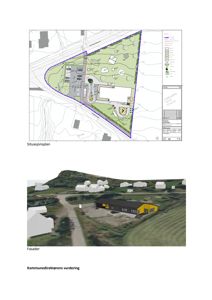 Bildet viser en samling av dokumenter fra en byggesak. Øverst er det en situasjonsplan, og under den er det en 3D-visualisering av fasaden. Nederst er det en tekstoverskrift.