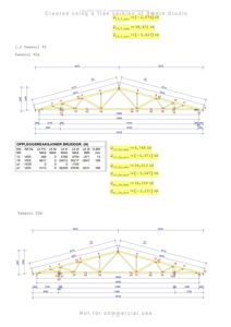 Tegning som viser detaljert oppbygning av takstoler (T2a og T2b) med dimensjoner, knutepunkter og beregnede krefter.