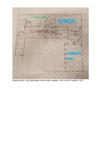 Etasjeplan for 1. etasje av Kongsvik skole, som viser romfordeling (Gymsal, Svømmehall, Tilfuktsrom) og bygningsdelers oppføringsår.