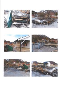 En samling av seks fotografier som viser et område med røyk og skrot, sannsynligvis etter en brann eller nedrivning.