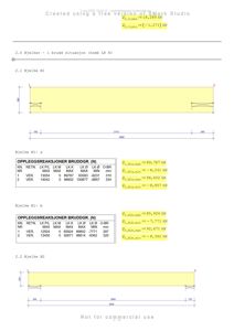 Tegning som viser beregningsresultater og dimensjoner for bjelker i bruddsituasjon (brytningslinje), inkludert oppleggsreaksjoner og momentdiagrammer.
