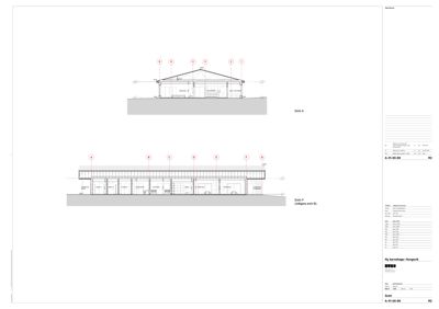Snittegning (Snitt A) som viser bygningens tverrsnitt, takform, innvendige rom og konstruksjonsdetaljer.