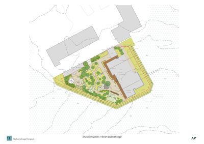 Situasjonsplan for Vikran barnehage som viser bygningens plassering i forhold til tomme, vegger og omgivende terreng.