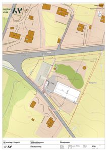 Situasjonsplan som viser tomtens plassering i forhold til veier (Kong Olavs vei, Kongsveien), nabolag, og planlagt barnehagebygning med angitte mål og arealer.