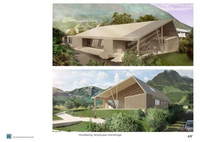 To 3D-visualiseringer av en planlagt barnehage (Senjahopen barnehage) sett fra ulike vinkler.