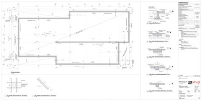 En teknisk detaljtegning som viser en planutsnitt av en betongkonstruksjon (sannsynligvis en balkong eller terrasse) med detaljerte dimensjoner, armeringsplaner og konstruksjonsdetaljer.