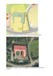 Bildet viser to situasjonsplaner (en tegnet og en flyfoto-basert) som illustrerer tomtens grenser, tilgjengelighet og planlagt inngang til en barnehage.