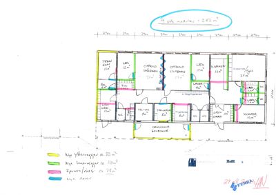 Etasjeplan (1. etasje) med romfordeling, arealer og endringer i vegger og dører.