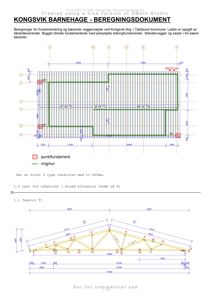 Dette bildet viser en teknisk beregningsdokumentasjon for takstoler i Kongsvik Barnehage. Det inneholder en plan for plassering av punktfundamenter og ringmurer, samt en detaljtegning av en enkelt takstol med dimensjoner og nummererte deler.