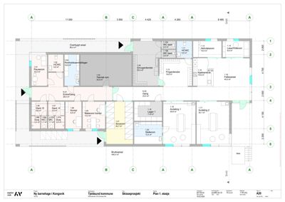 Etasjeplan (skisseprosjekt) for Ny barnehage i Kongsvik som viser romfordeling, arealer og funksjoner.